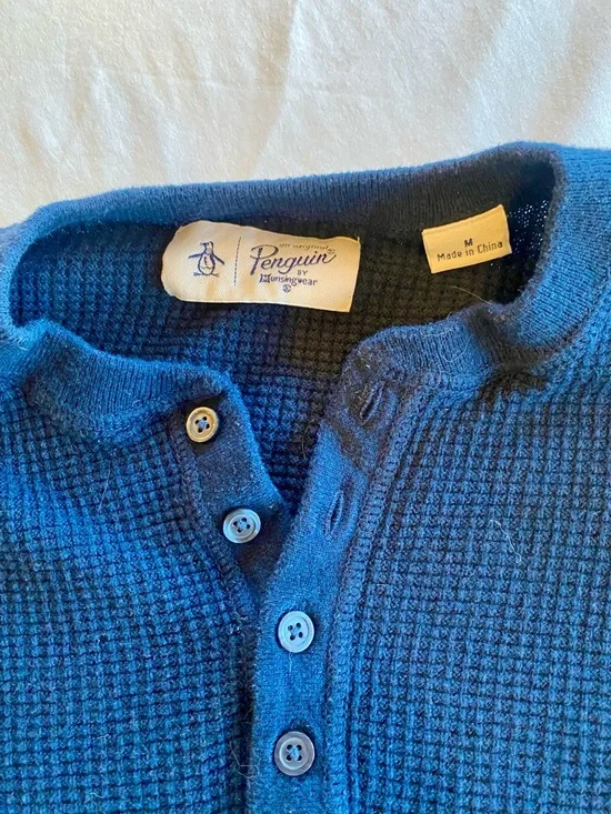 Original Penguin Navy Waffle Knit Henley Crewneck Sweater - Picture 2 of 2